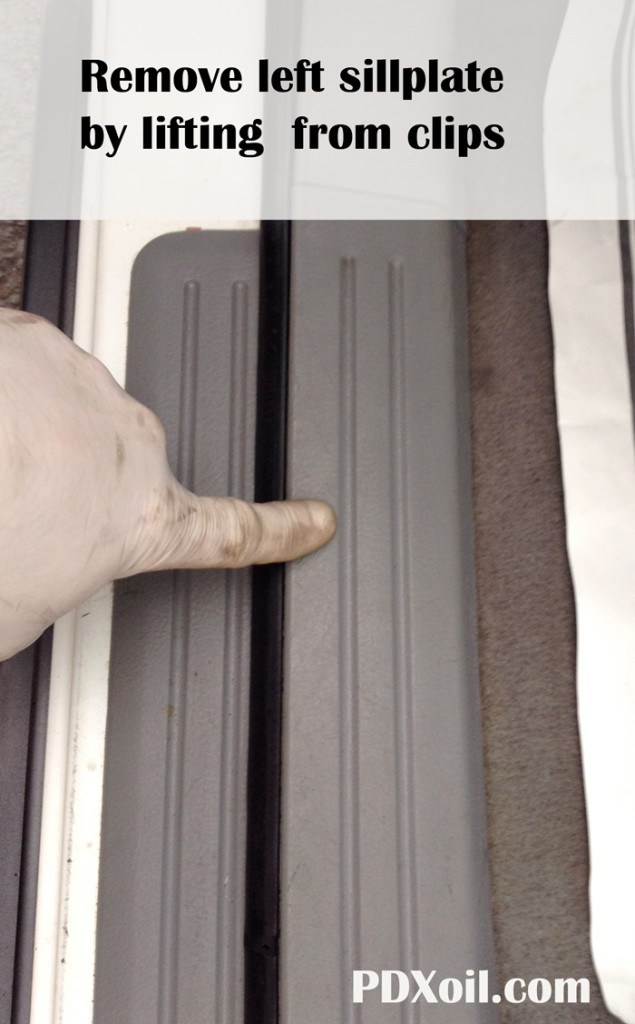 Pull up on the sill plate to remove the kick panel, there are no screws to remove the cover. 